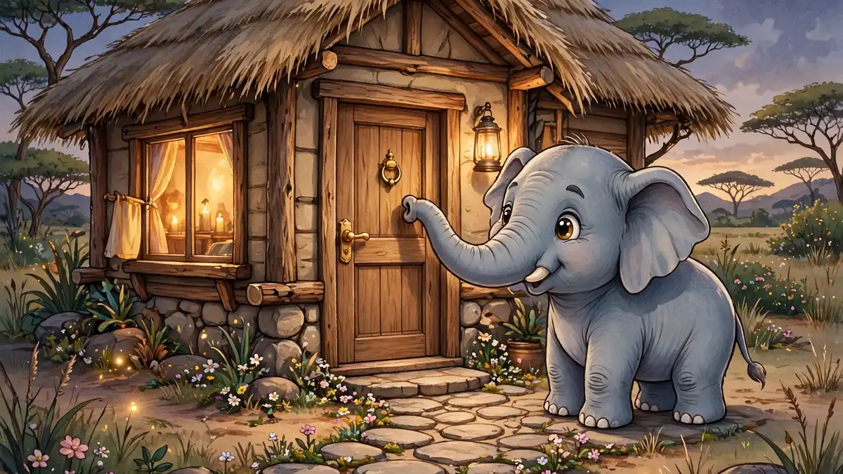 Cartoon elephant knocking at a cozy safari lodge door at dusk — knock-knock elephant jokes illustration