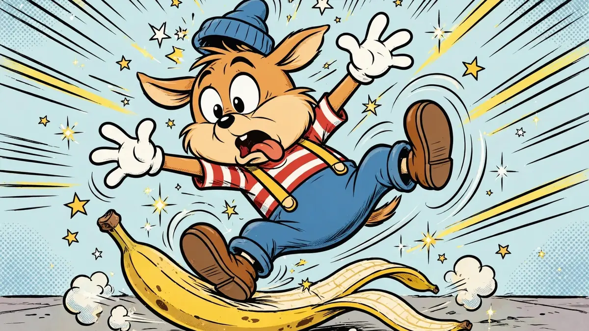Funny cartoon character slipping on a banana peel with motion lines, slapstick cartoon style — falling down jokes illustration