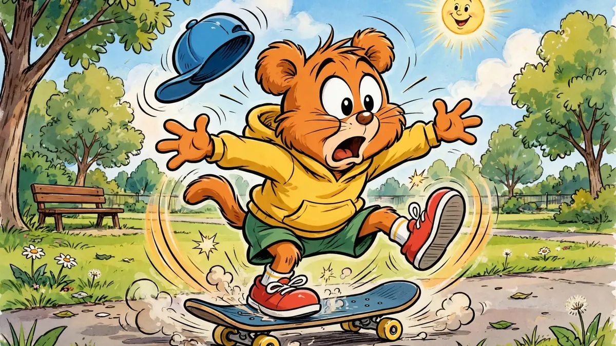 Playful cartoon character tripping over a skateboard in a park, cartoon slapstick style — classic falling jokes illustration