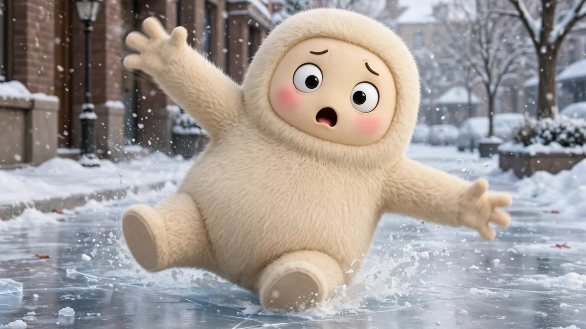Funny cartoon character sliding on an icy sidewalk with arms flailing — winter slip captions illustration