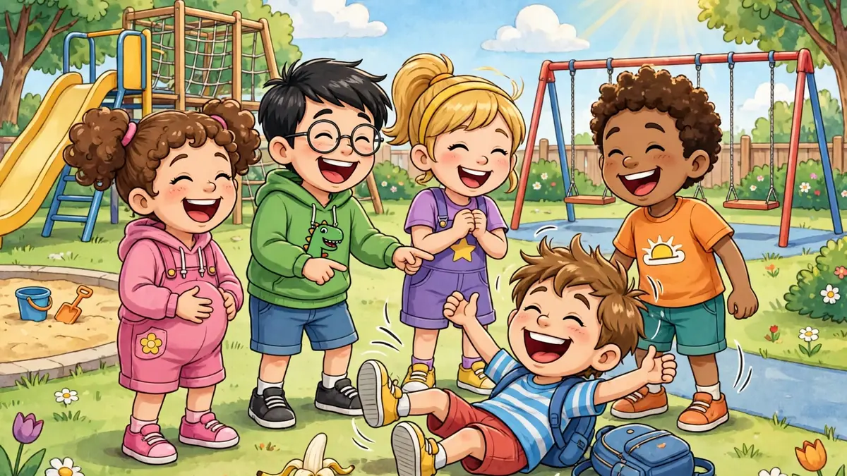 Happy cartoon kids laughing at a cartoon pratfall in a playground — funny jokes for kids illustration