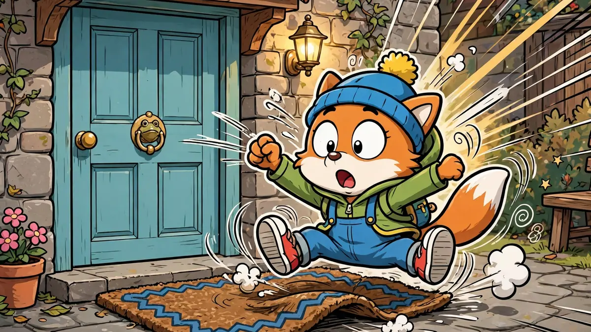 Cartoon character knocking on a door then slipping on the welcome mat — knock-knock falling jokes illustration