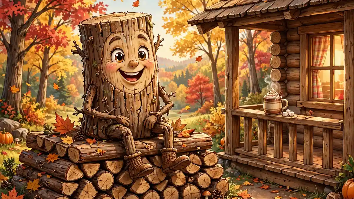 Cheerful cartoon log character sitting on a firewood stack beside a cozy cabin porch — firewood jokes illustration