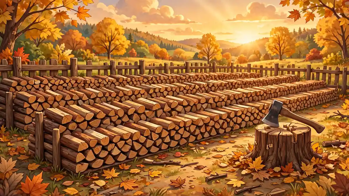 Cartoon woodpile of split firewood rows beside a splitting stump at golden hour — classic firewood jokes illustration