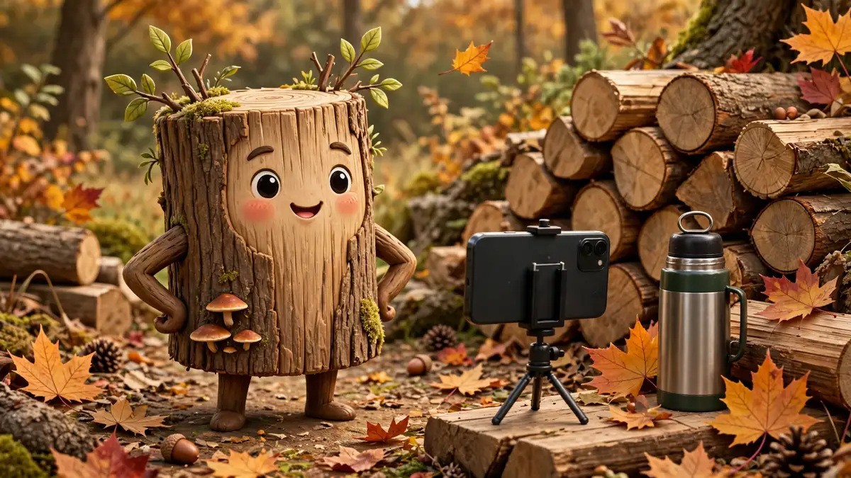 Cartoon log character posing for a smartphone photo by the woodpile — firewood captions illustration