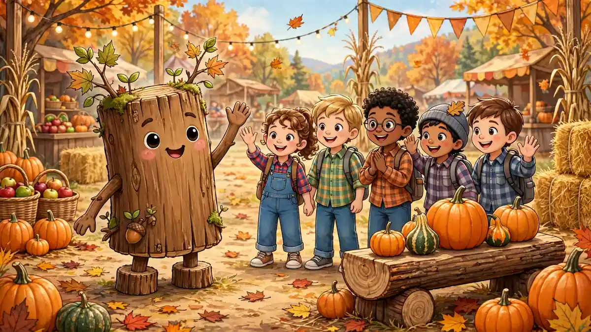 Cartoon log character greeting happy school children at an autumn harvest festival — firewood jokes for kids illustration