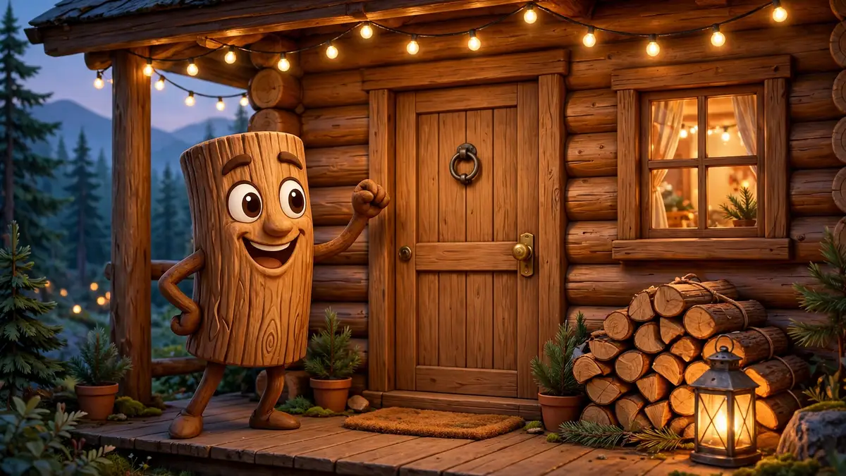 Cartoon log character knocking at a cozy cabin door with firewood stacked by the porch — knock-knock firewood jokes illustration