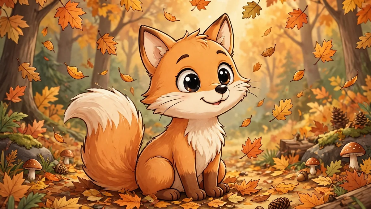 Cute cartoon fox with big eyes and a bushy tail sitting in an autumn forest with falling leaves — fox puns illustration