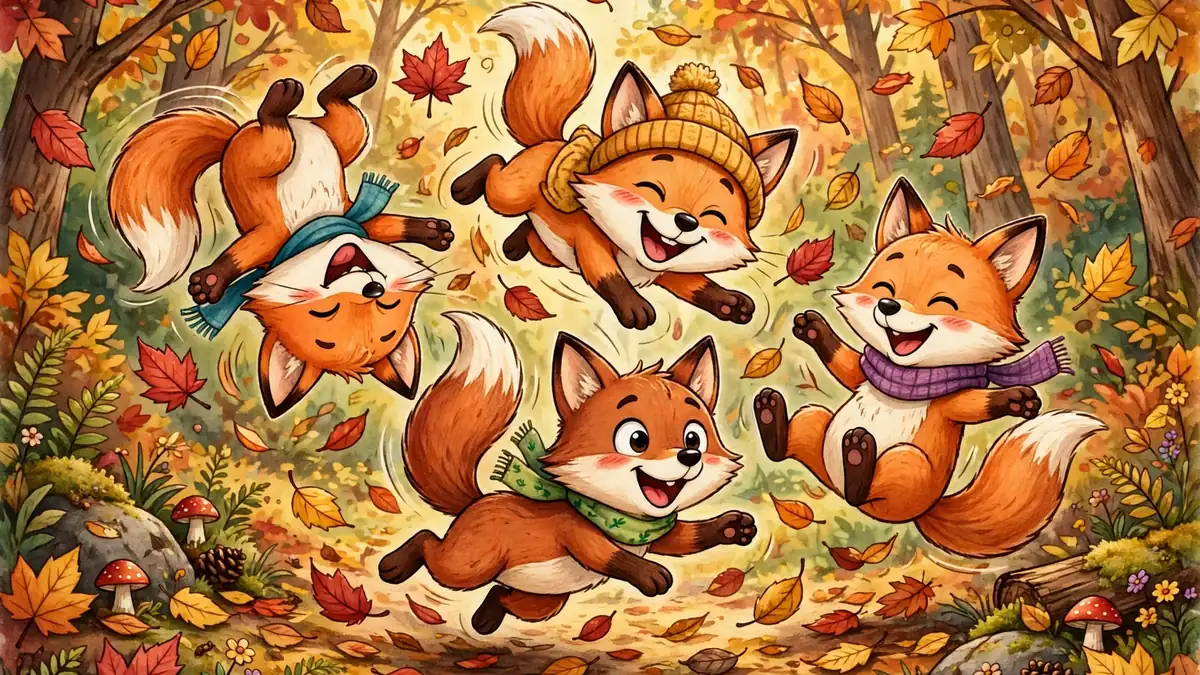 Playful cartoon foxes tumbling through a colorful autumn forest with falling red leaves — classic fox puns illustration