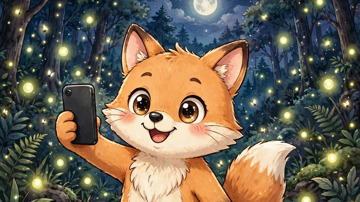 Cute fox taking a selfie with a moonlit forest behind it — fox captions illustration