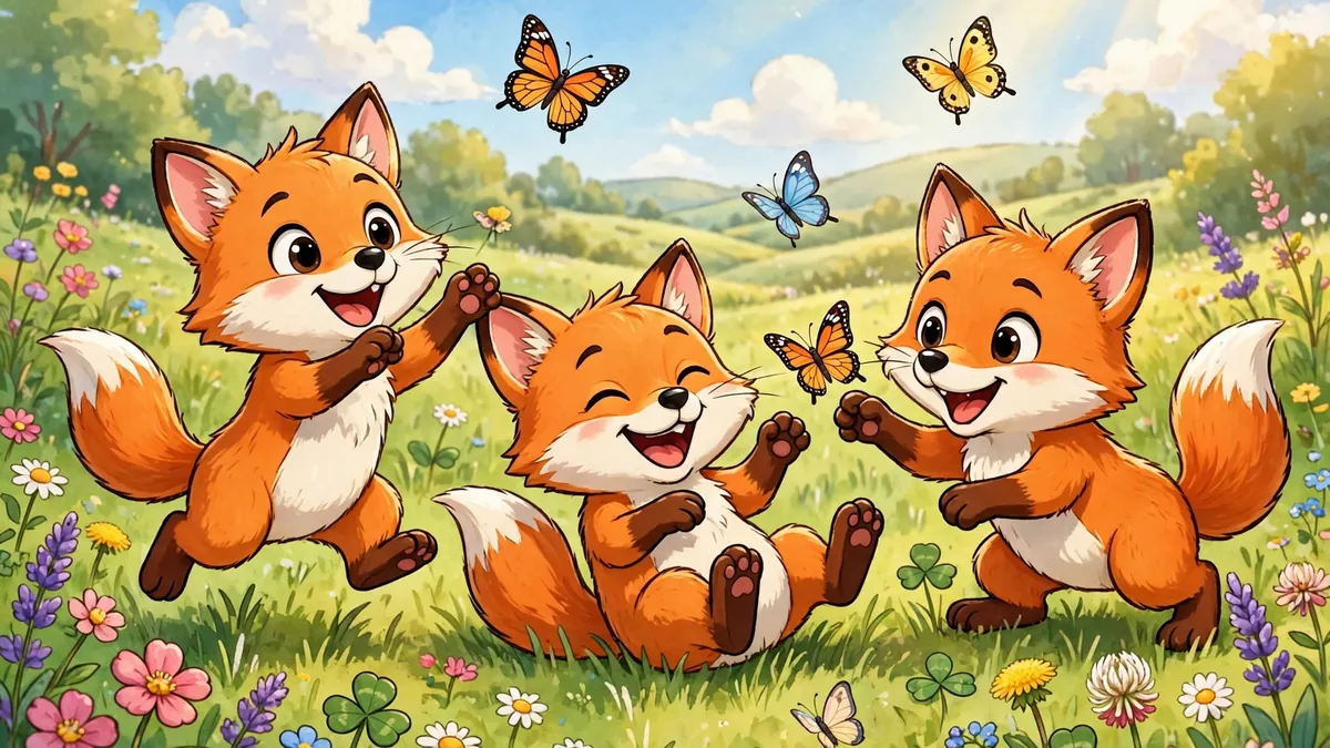 Happy cartoon fox kits playing in a sunlit meadow with butterflies — fox jokes for kids illustration