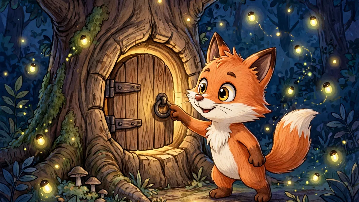 Cartoon fox knocking on a hollow tree door with its paw at night, fireflies glowing — knock-knock fox jokes illustration