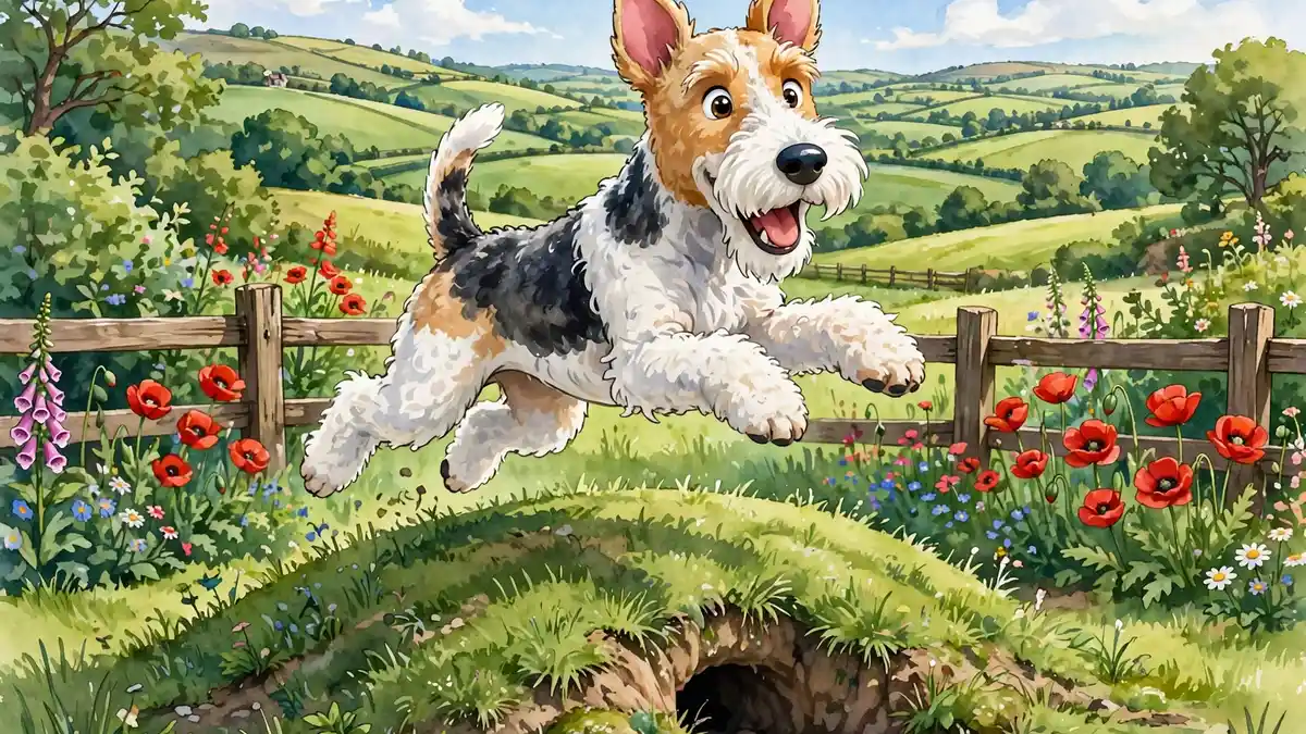 Cheerful cartoon Wire Fox Terrier leaping over a garden mound on a sunny day — fox terrier puns illustration