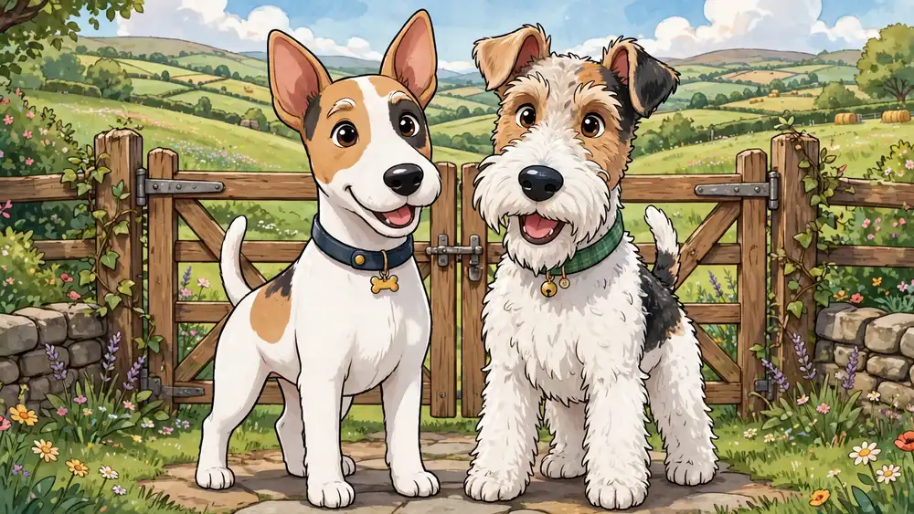 Cartoon Smooth and Wire Fox Terriers standing side by side at a garden gate — classic fox terrier puns illustration