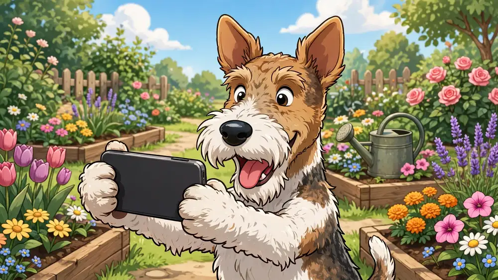 Cartoon Wire Fox Terrier taking a selfie among flower beds in a garden — fox terrier captions illustration