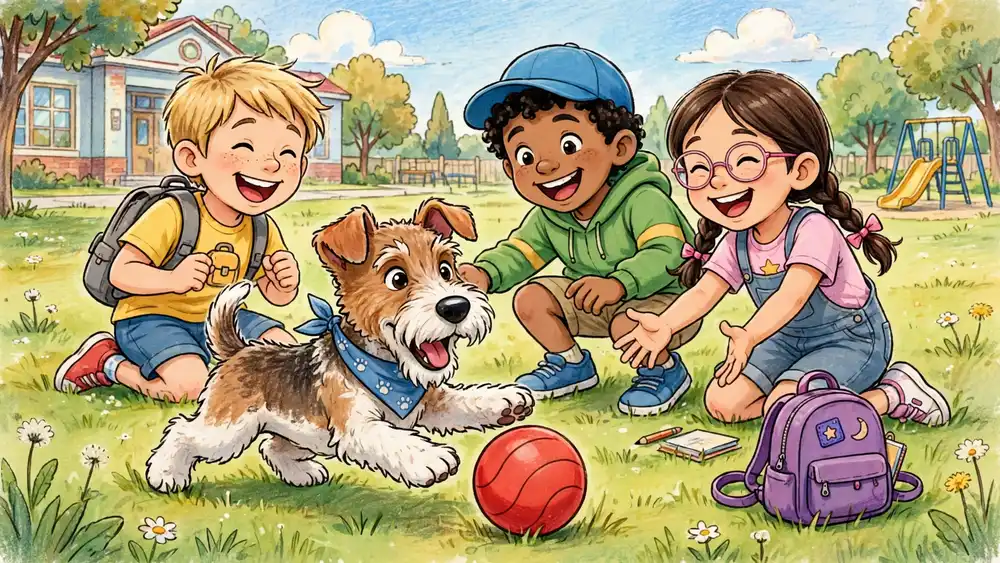 Cartoon fox terrier puppy playing with school children on a grassy yard — fox terrier jokes for kids illustration