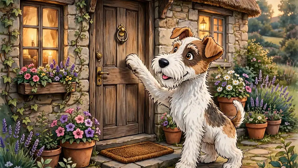 Cartoon fox terrier with a raised paw knocking at a cottage door — knock-knock fox terrier jokes illustration
