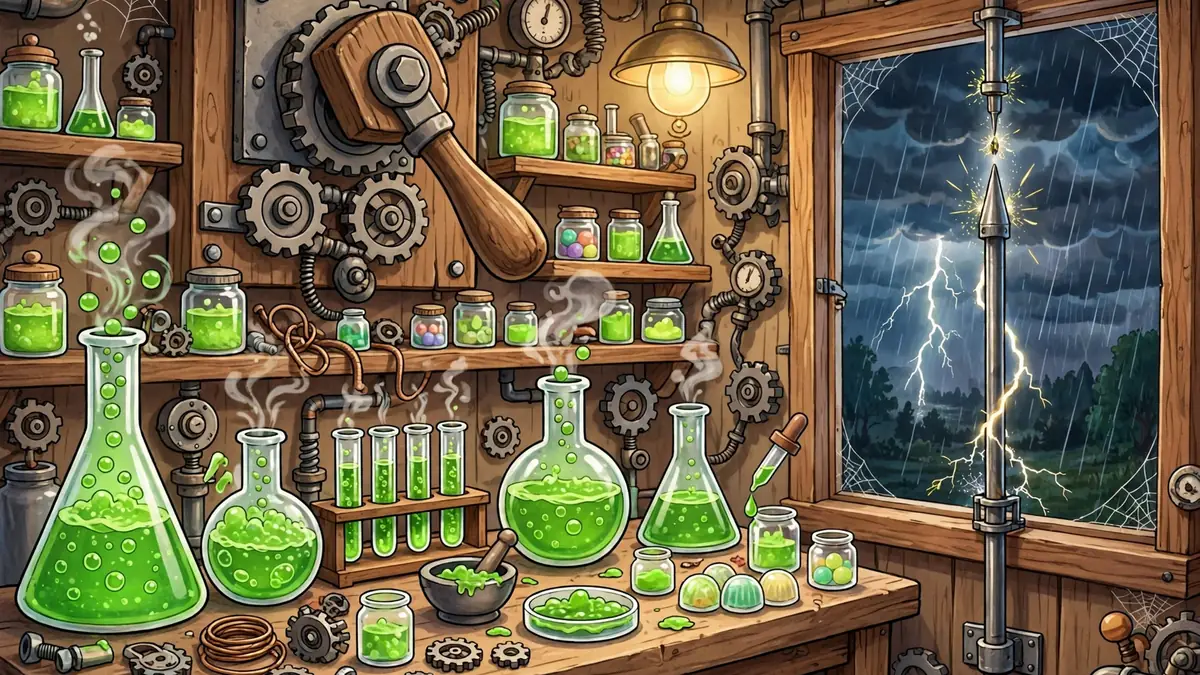 Cartoon mad-scientist laboratory with bubbling beakers — classic Frankenstein jokes illustration