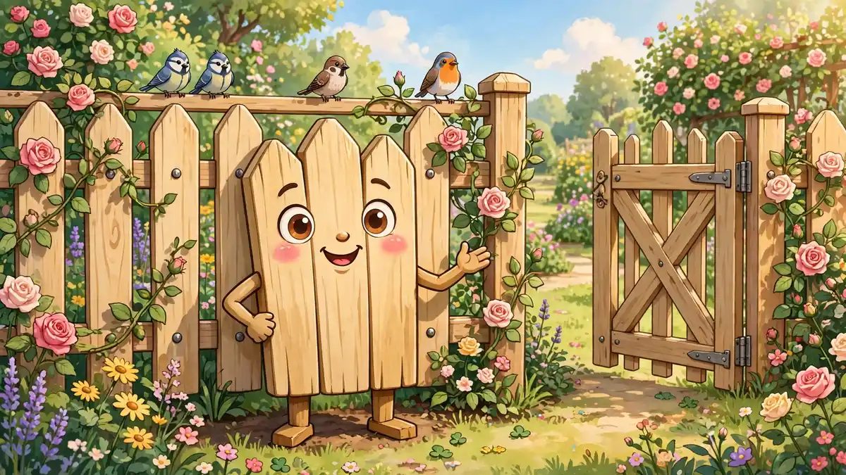 Cheerful cartoon garden fence character with roses climbing its rails in a sunny garden — garden fence puns illustration