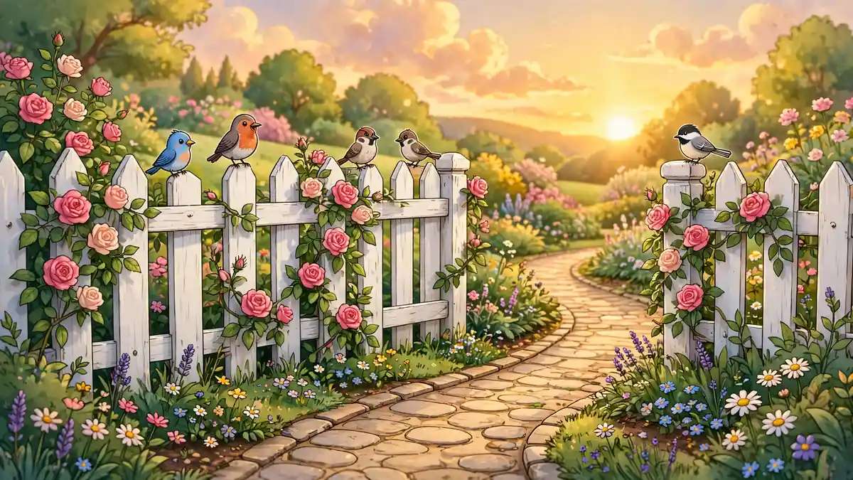 Cartoon white picket fence with climbing roses at golden hour — classic garden fence puns illustration