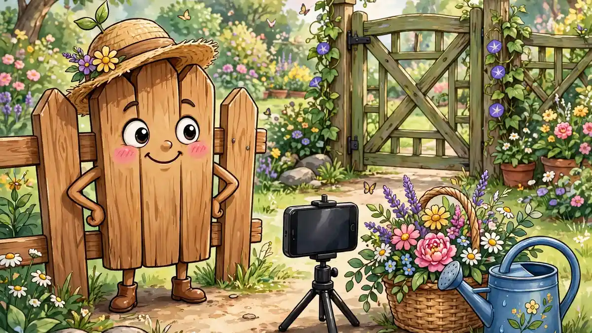 Cartoon garden fence posing for a smartphone photo by the garden gate — garden fence captions illustration