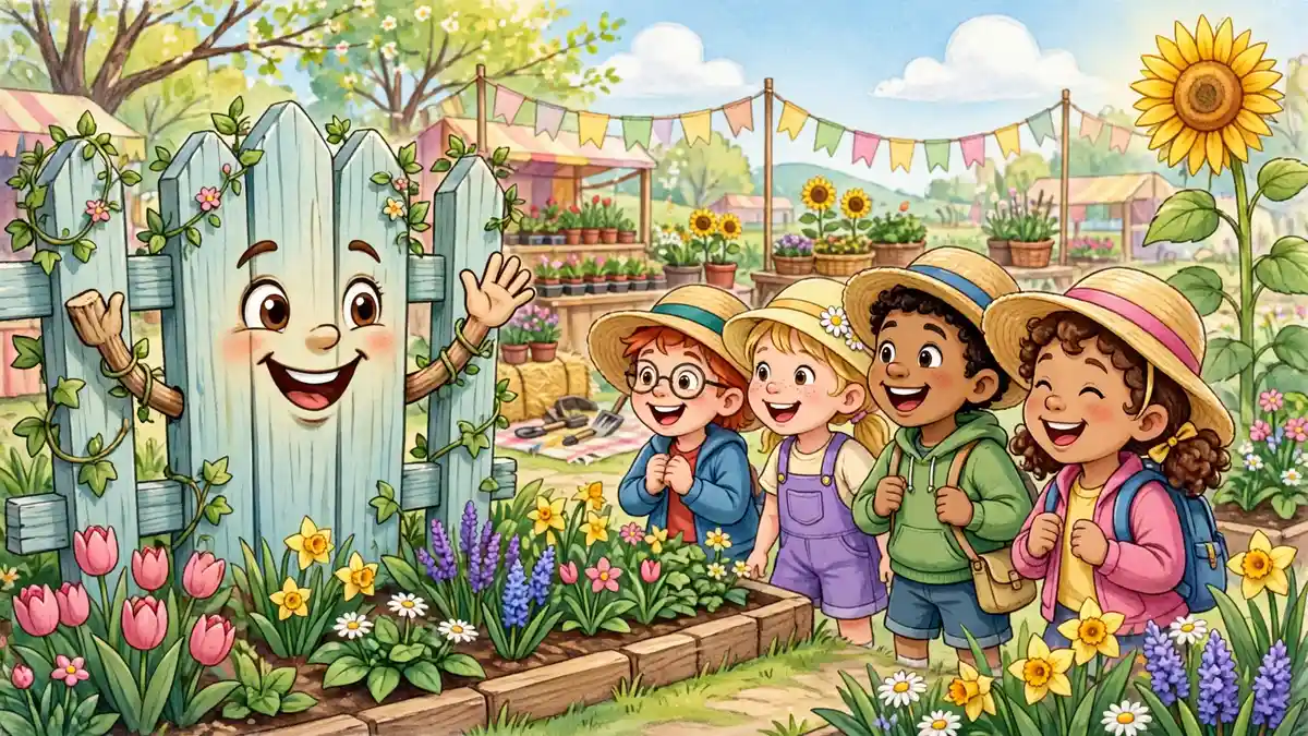 Cartoon garden fence greeting happy school children at a spring garden fair — garden fence jokes for kids illustration
