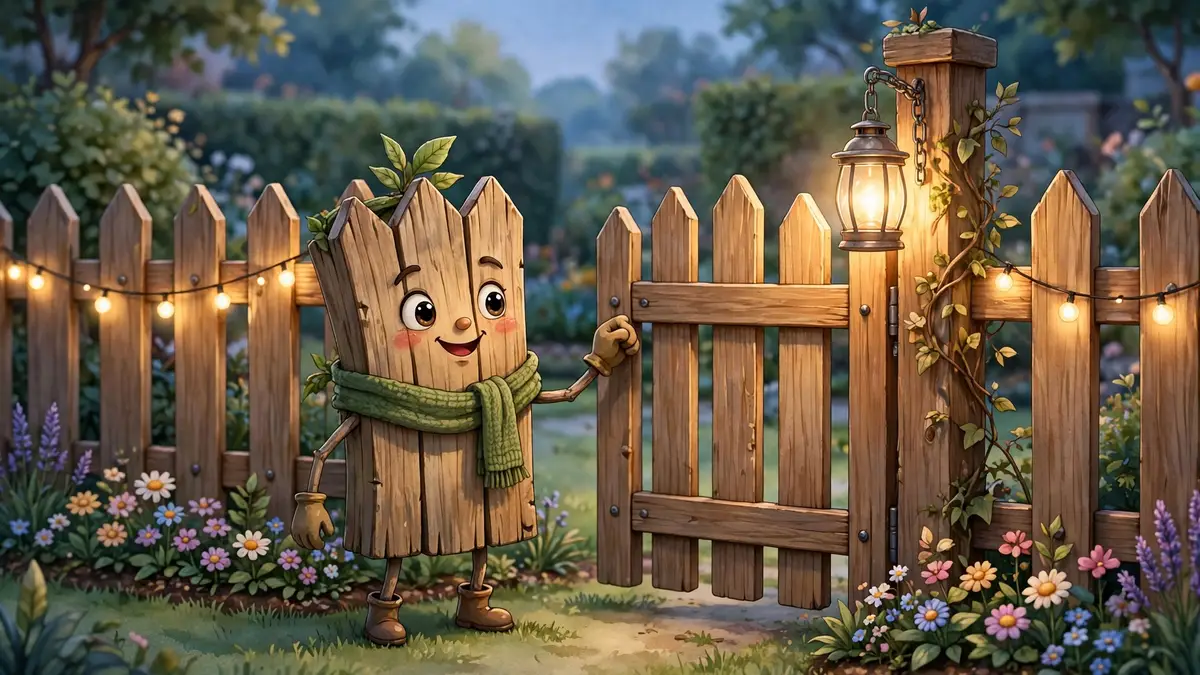Cartoon garden fence knocking at a garden gate with a lantern on the post — knock-knock garden fence jokes illustration