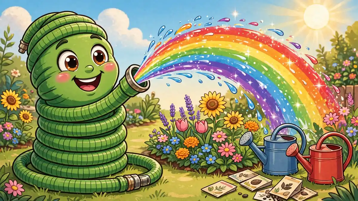 Cheerful cartoon garden hose spraying a rainbow arc over a sunny flower garden — garden hose puns illustration