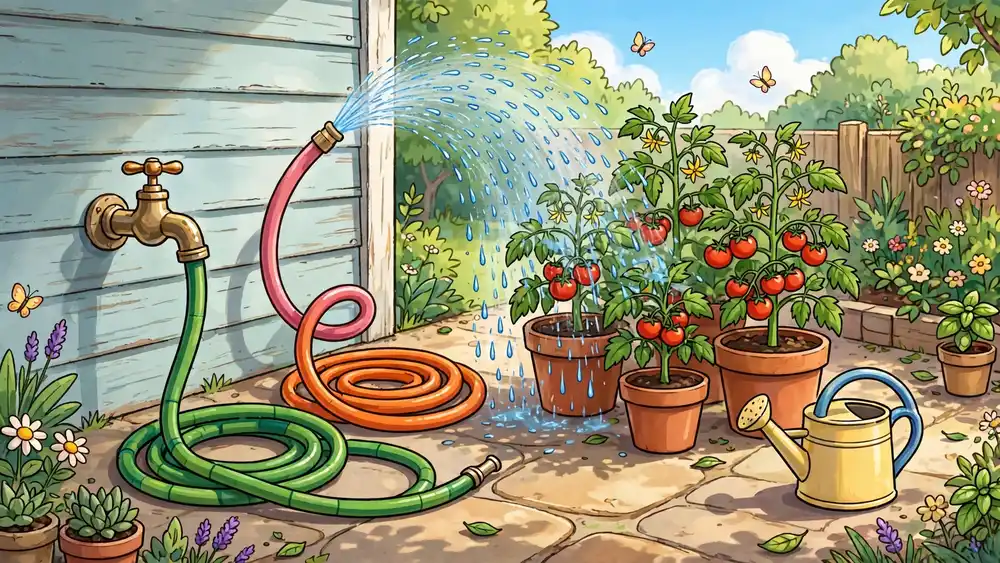 Cartoon garden hoses coiled by a spigot, showering tomato plants in the sun — classic garden hose puns illustration