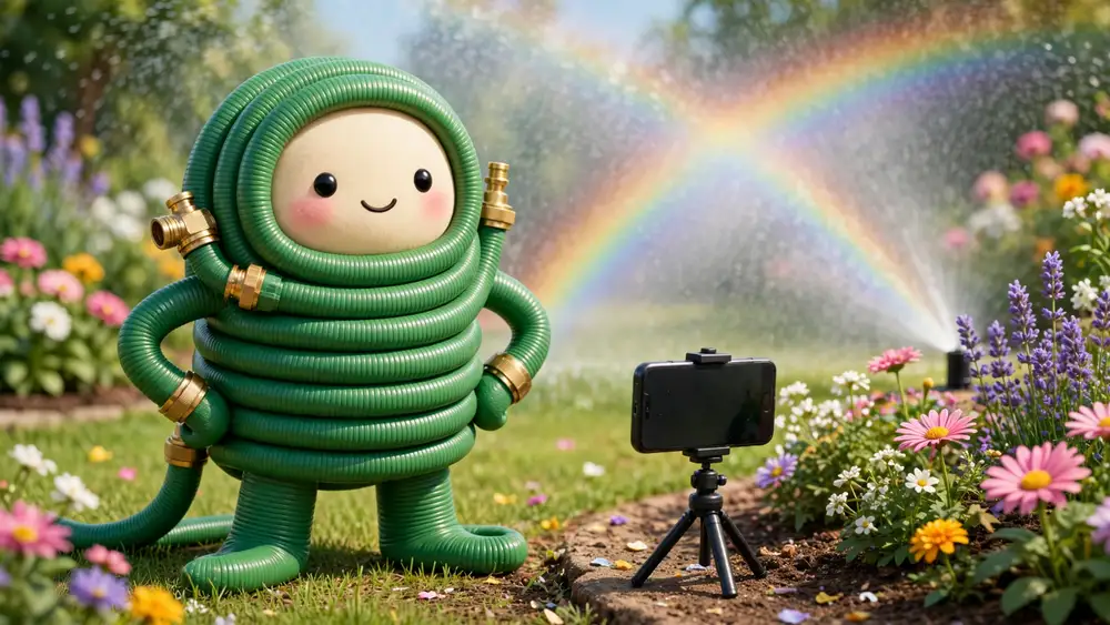 Cartoon garden hose posing for a smartphone photo by a flower bed — garden hose captions illustration
