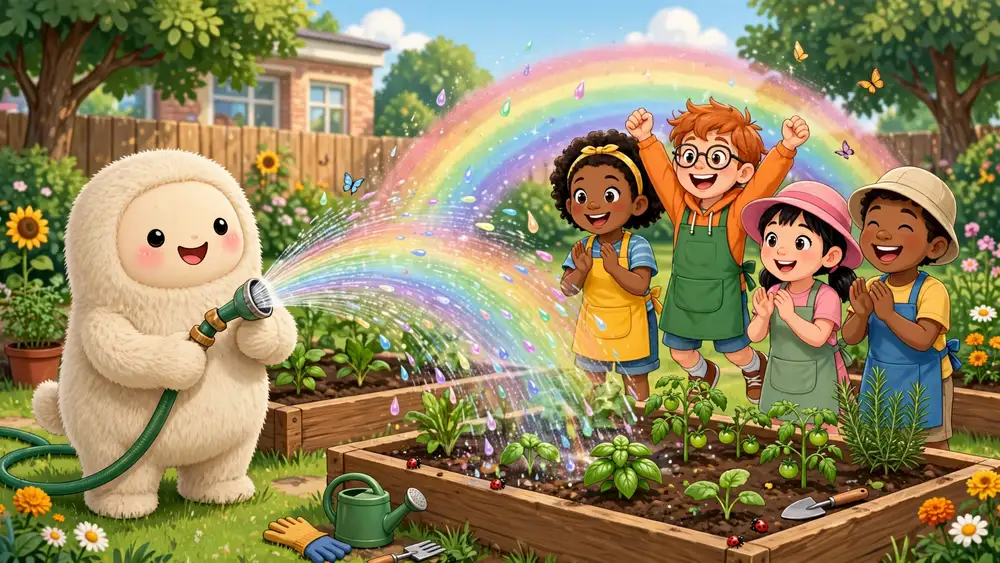 Cartoon garden hose showering a school garden while children cheer — garden hose jokes for kids illustration
