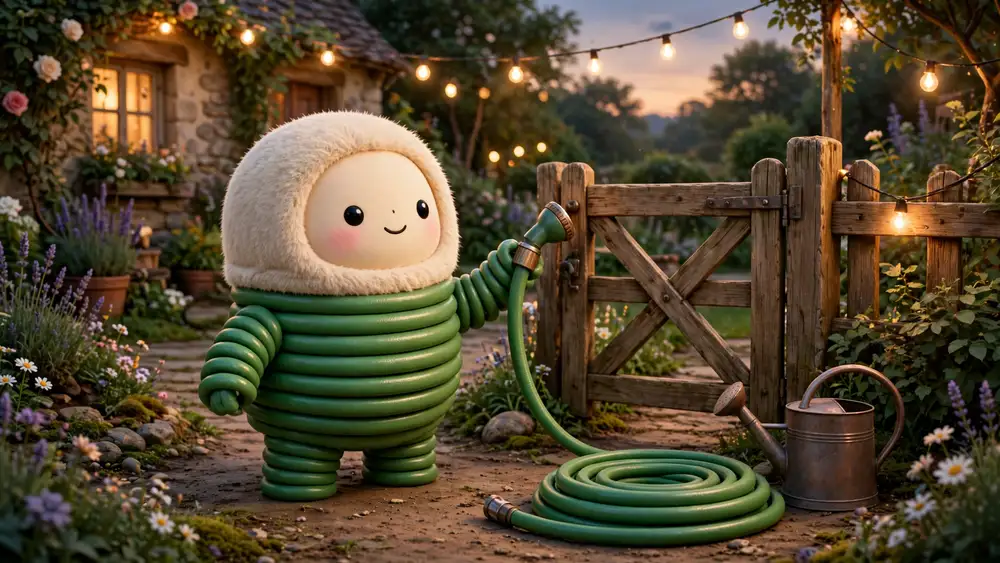 Cartoon garden hose knocking at a cottage garden gate with a watering can — knock-knock garden hose jokes illustration
