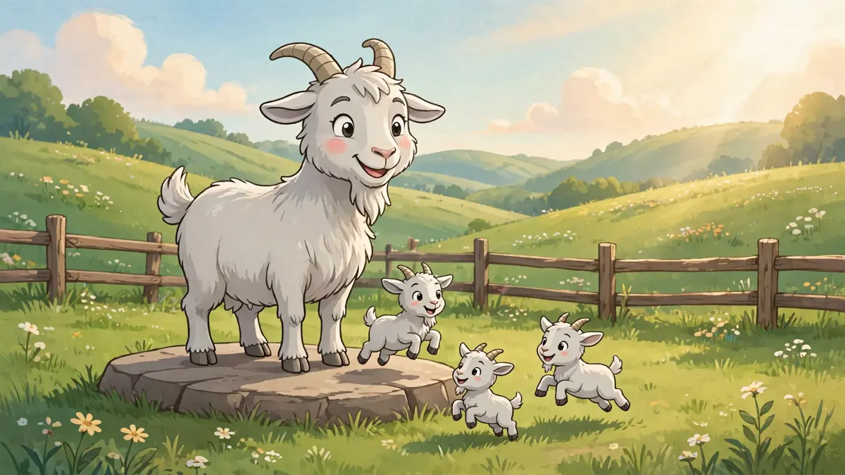 Cheerful cartoon goat character standing on a rock in a sunny pasture — goat puns illustration