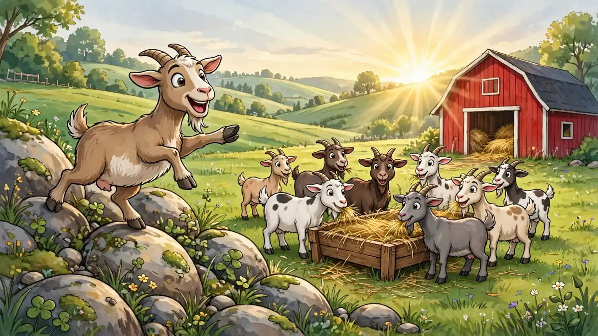 Cartoon goat and her herd climbing in a sunny pasture — classic goat puns illustration