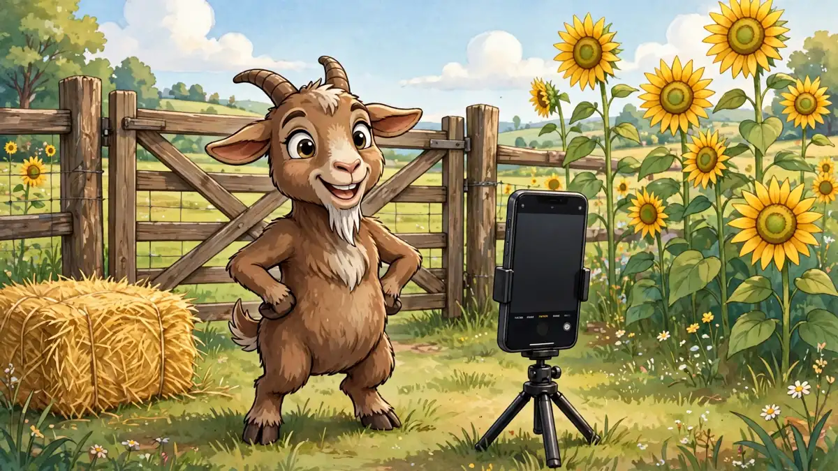 Cartoon goat posing for a smartphone photo at the pasture gate — goat captions illustration