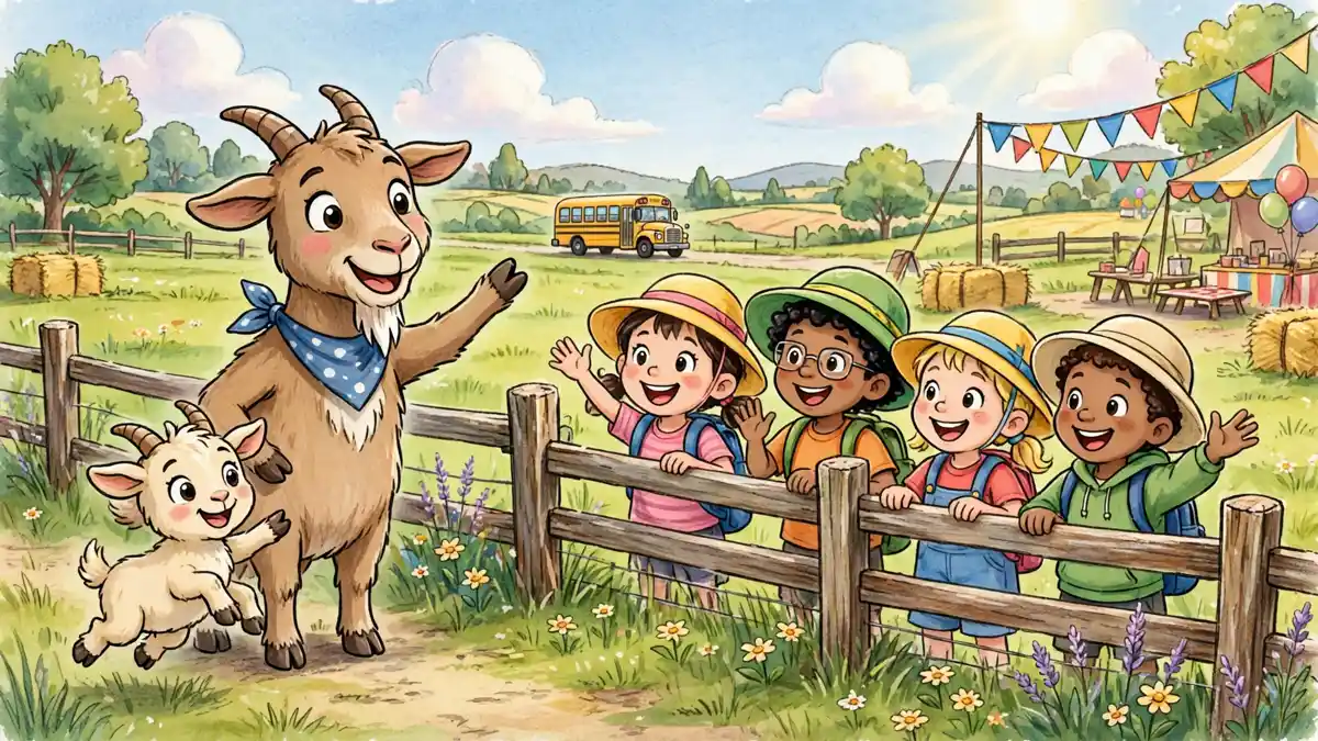 Cartoon goat greeting happy school children at a farm visit — goat jokes for kids illustration