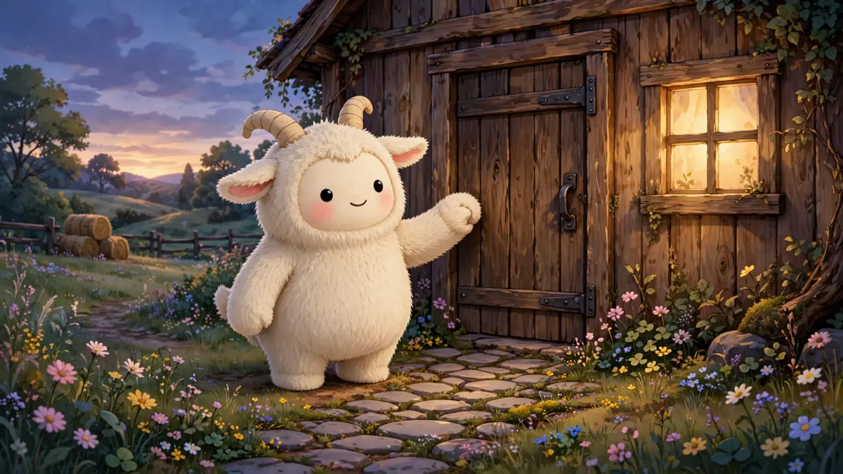 Cartoon goat knocking at a cozy barn door at dusk — knock-knock goat jokes illustration
