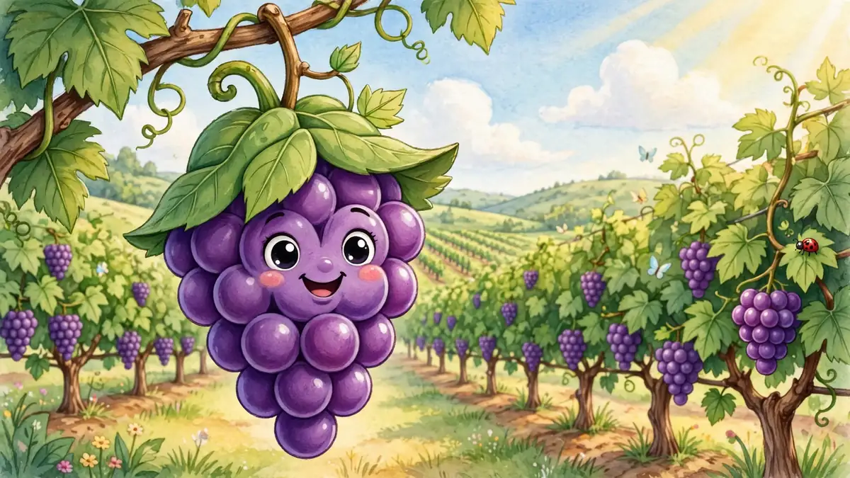 Cheerful cartoon grape bunch character on a vine in a sunny vineyard — grape puns illustration