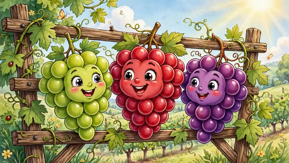 Cartoon green, red and purple grape bunches chatting on a vineyard trellis — grape puns illustration
