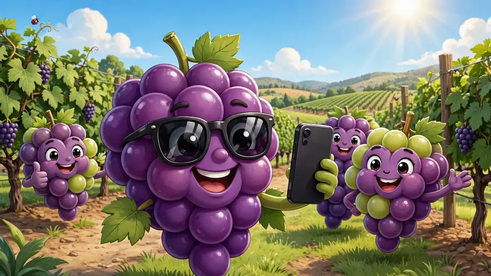 Cartoon grape wearing sunglasses taking a selfie in a vineyard — grape captions illustration