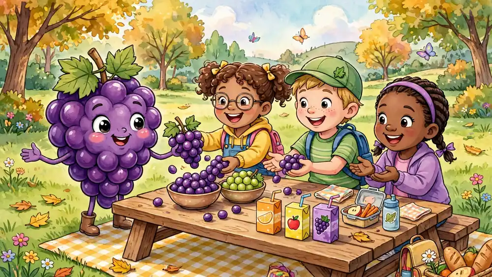 Cartoon grape bunch sharing grapes with school kids at a picnic table — grape jokes for kids illustration