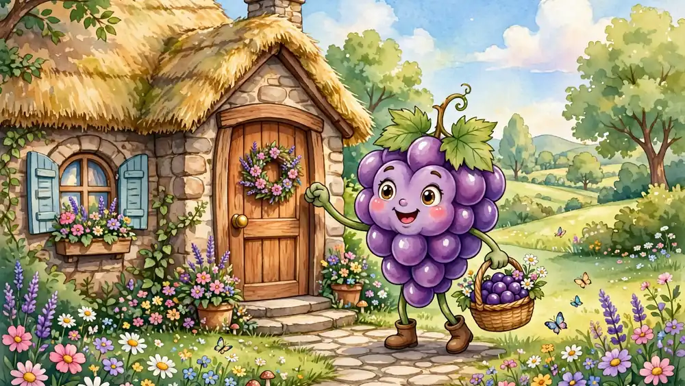 Cartoon grape character knocking at a cottage door with a basket — knock-knock grape jokes illustration