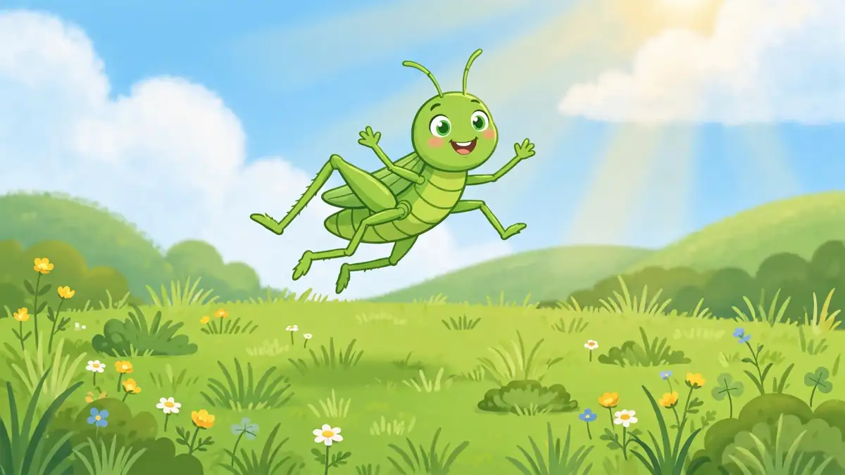 Cute green grasshopper hopping over a sunny meadow — grasshopper jokes and puns illustration