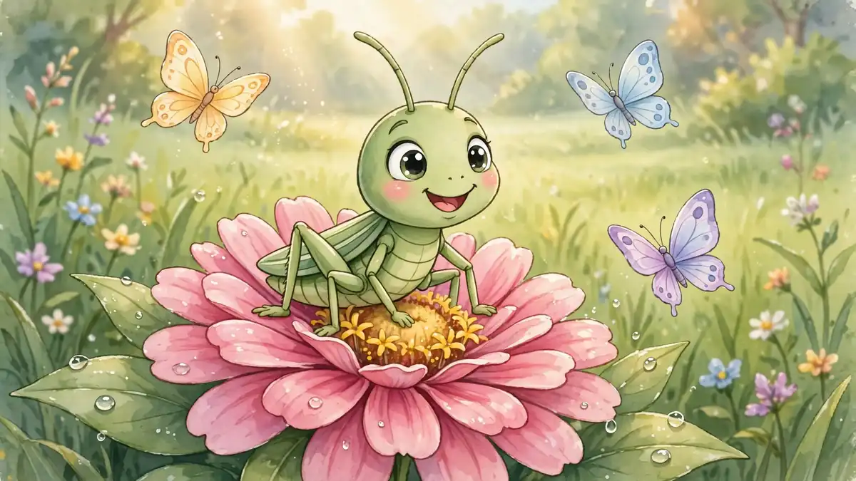 Cute cartoon grasshopper sitting on a pink flower in a sunny meadow — grasshopper puns illustration