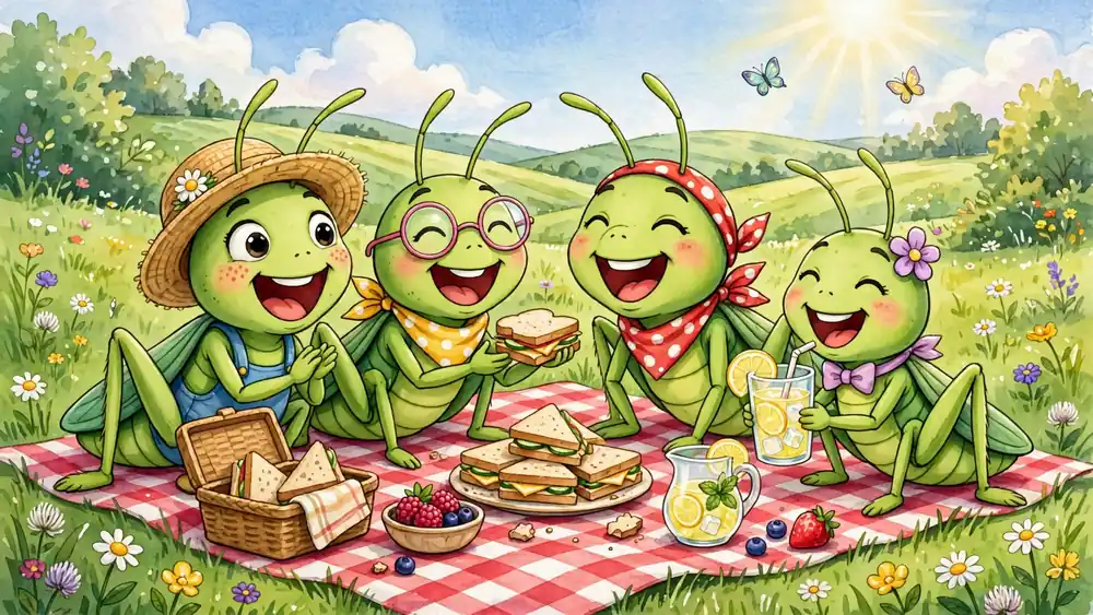 Cartoon grasshoppers laughing at a meadow picnic party — funny grasshopper jokes illustration