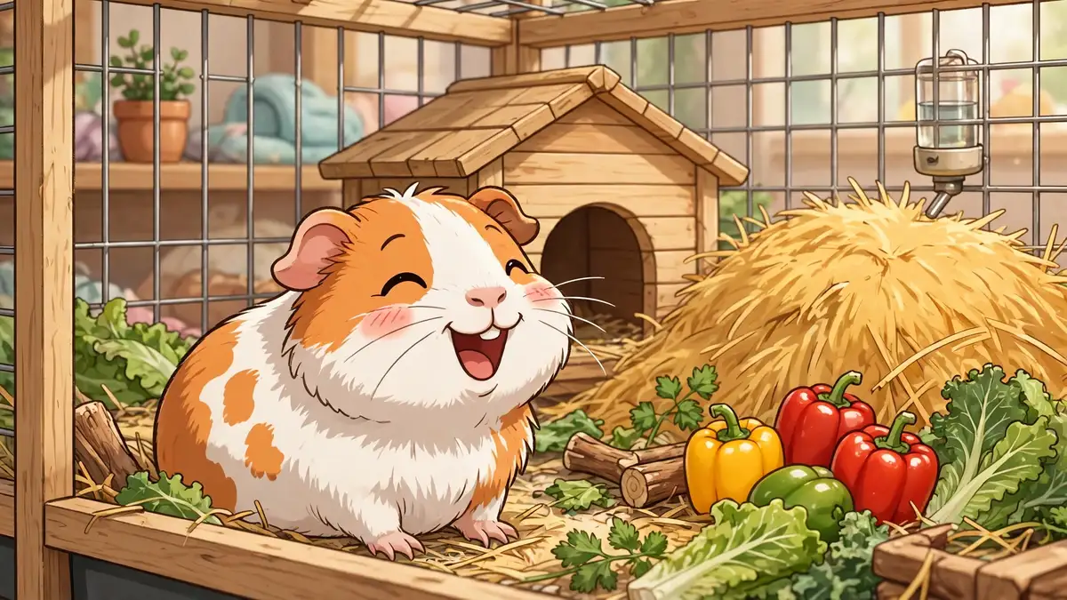 Cheerful cartoon guinea pig wheeking beside a hay pile and fresh vegetables — guinea pig puns illustration