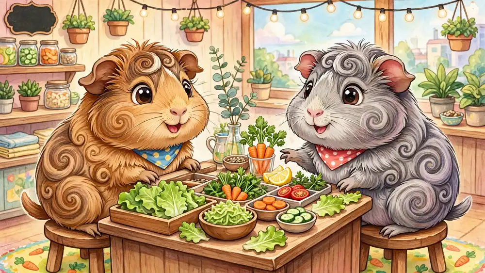 Two cartoon Abyssinian guinea pigs at a tiny salad bar — classic guinea pig puns illustration