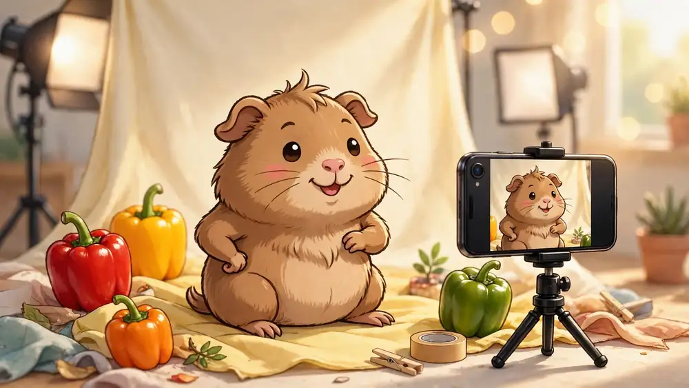 Cartoon guinea pig posing for a smartphone photo with bell peppers — guinea pig captions illustration