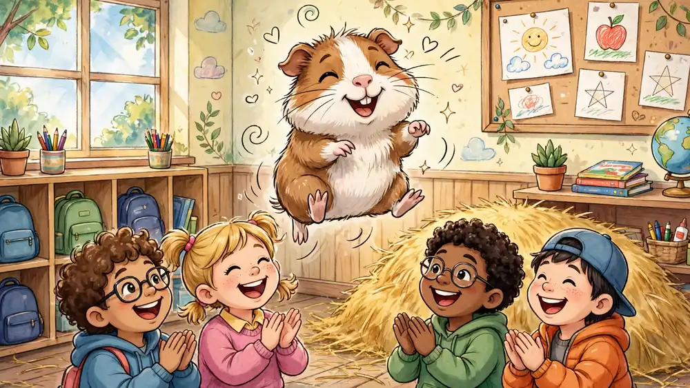 Cartoon guinea pig popcorning while school children laugh — guinea pig jokes for kids illustration