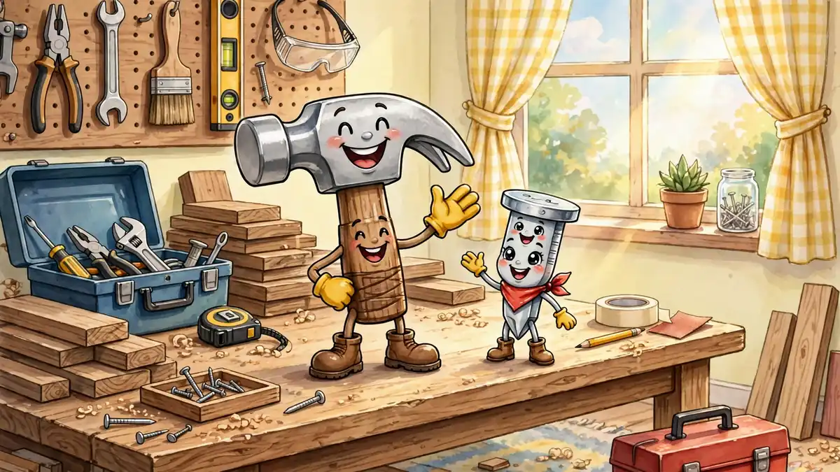 Cheerful cartoon claw hammer and nail characters on a workbench in a sunny workshop — hammer puns illustration